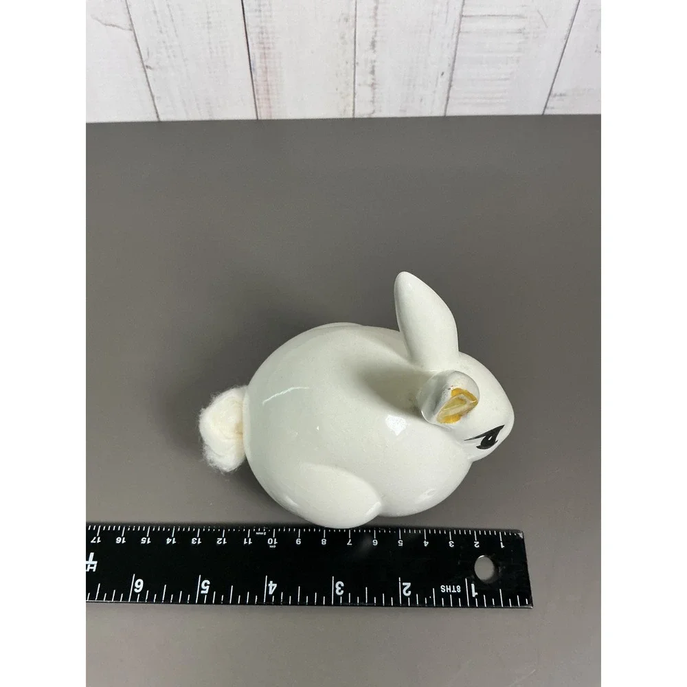 Vintage White Ceramic Bunny Rabbit Figurine Fluffy Tail Hand Painted Gold Ears